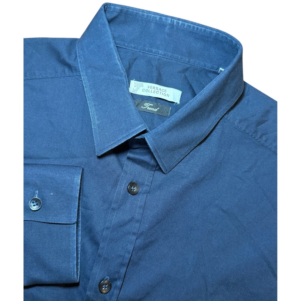 Versace Collection Trend Mens 16.5/42 Navy Blue Button Down Shirt Long Sleeve
